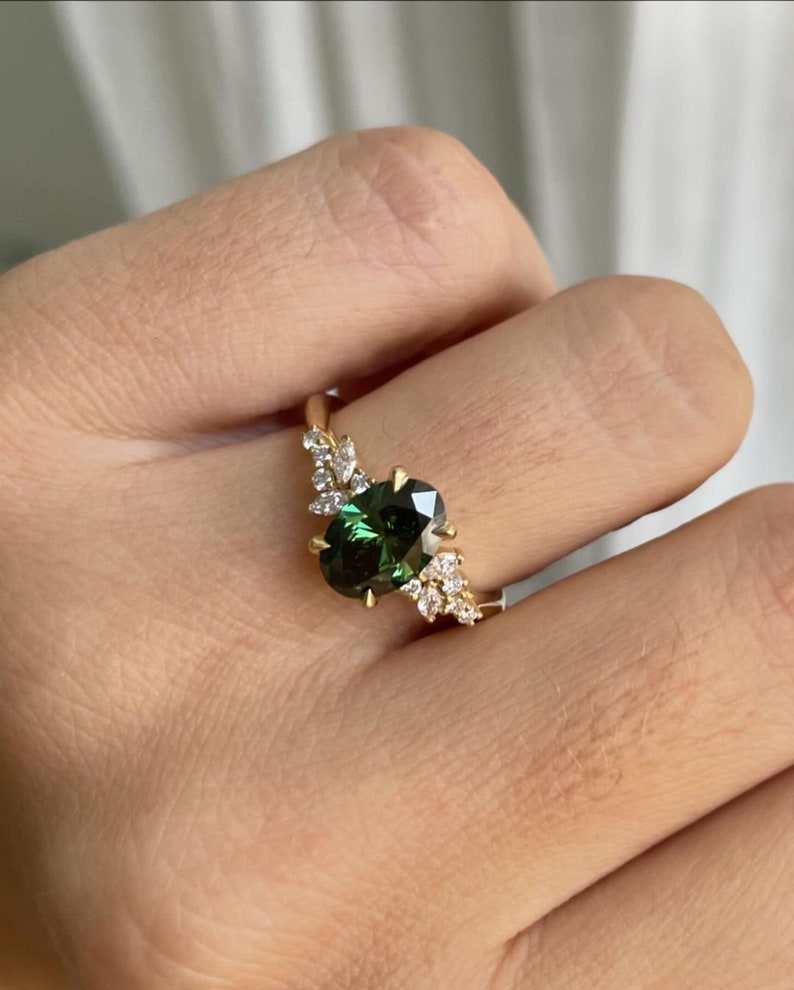 3.0 Ct Green Oval With Marquise & Round Moissanite Engagement Ring