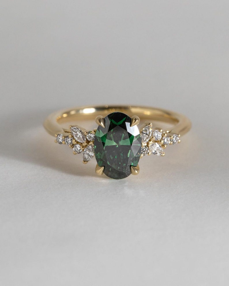 3.0 Ct Green Oval With Marquise & Round Moissanite Engagement Ring