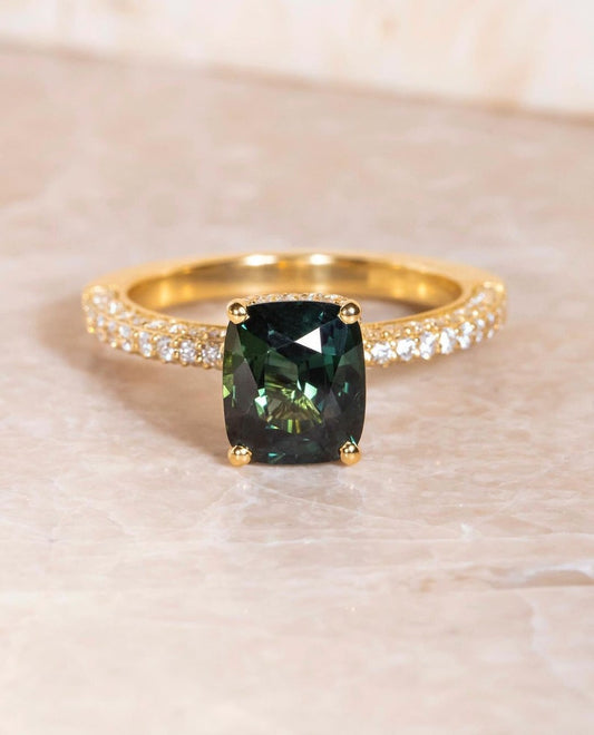 3.0 Ct Green Cushion With Round Moissanite Engagement Ring