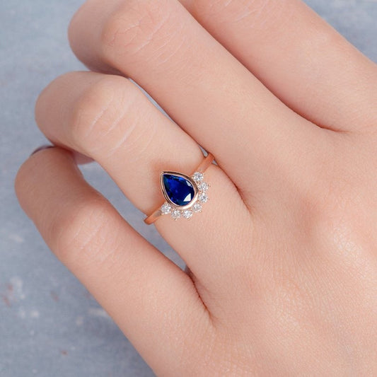 2.0 Ct Blue Pear With Round Moissanite Engagement Ring