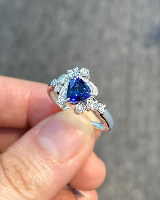 1.0 Ct Blue Triangle With Round Moissanite Engagement Ring