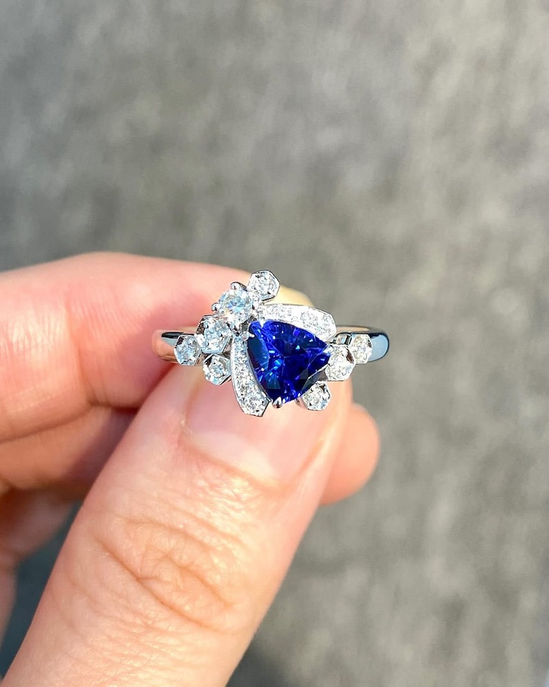 1.0 Ct Blue Triangle With Round Moissanite Engagement Ring