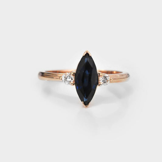 2.0 Ct Blue Marquise With 2 Round Moissanite Engagement Ring