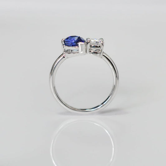 2.0 Ct Bashing Blue Pear With Round Moissanite Two Headed Ring