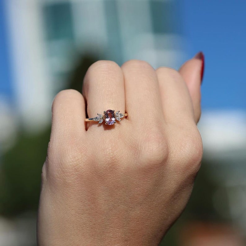 1.0 Ct Pink Oval With Marquise Moissanite Engagement Ring