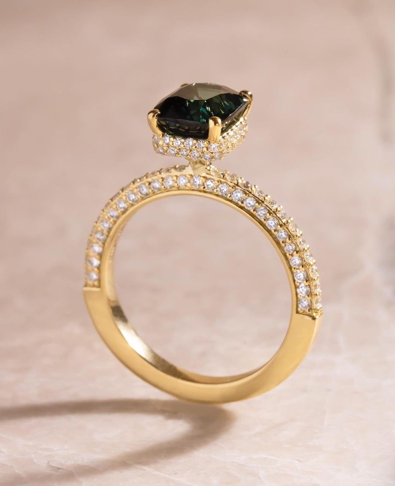 3.0 Ct Green Cushion With Round Moissanite Engagement Ring