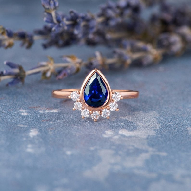 2.0 Ct Blue Pear With Round Moissanite Engagement Ring