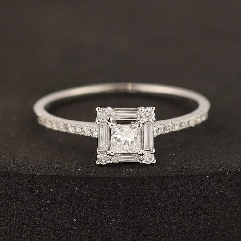 1.04 Ct Princess Moissanite With Baugettes & Round Engagement Ring