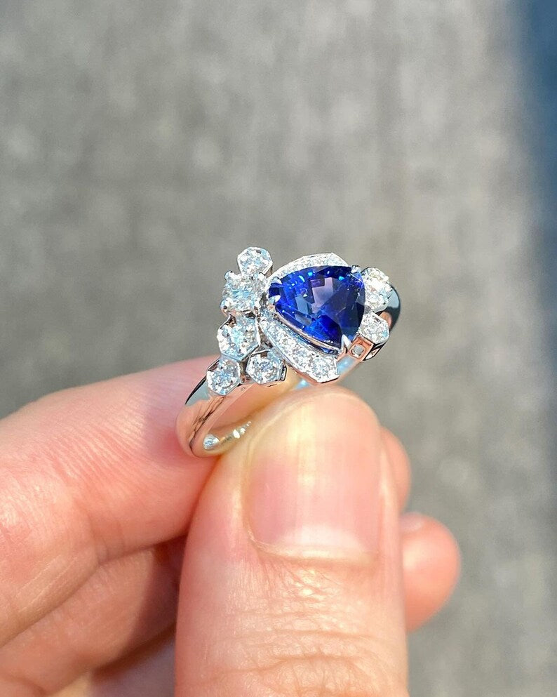 1.0 Ct Blue Triangle With Round Moissanite Engagement Ring