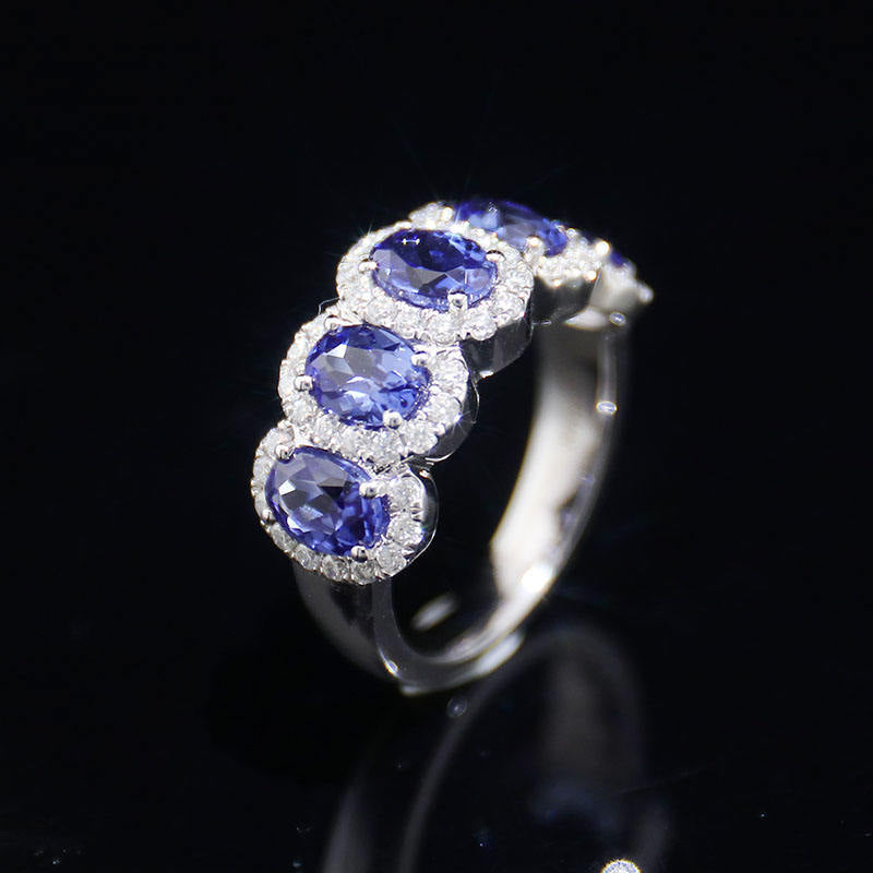 Blue Sapphire Oval With Brilliant Round Moissanite Ring