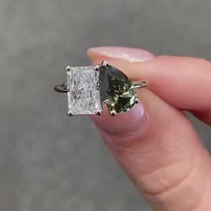 2.0 CT Radiant Moissanite With Green Pear Double Headed Ring