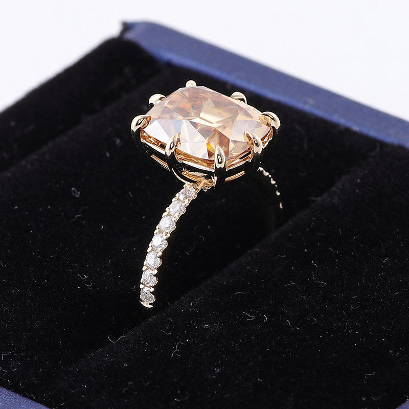 2.1 Ct Light Brown Elongate Cushion With Round Cut Moissanite Engagement Ring